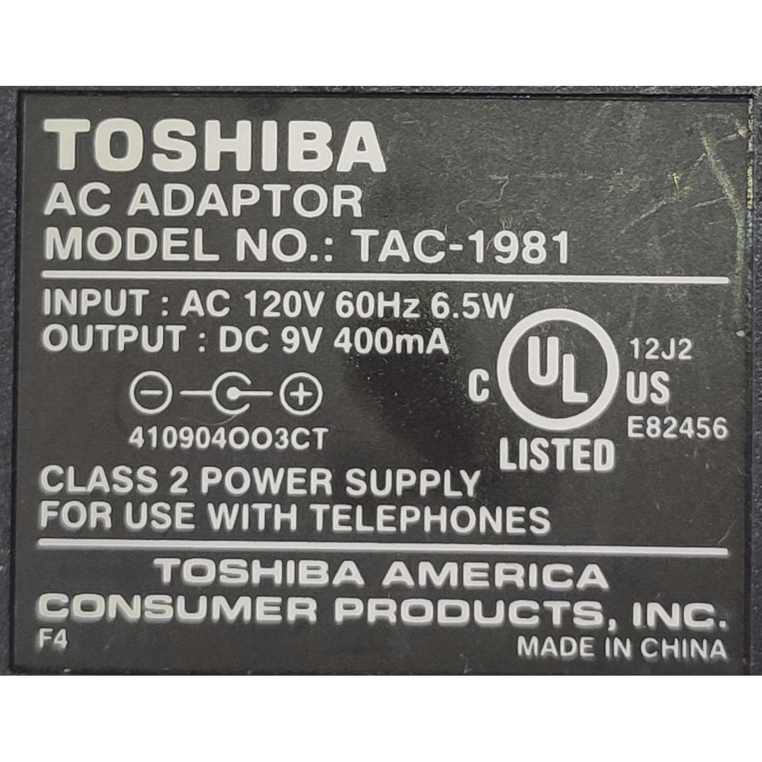 ADAPTADOR AC/DC TOSHIBA / NUMERO DE PARTE TAC-1981 / 410904OO3CT / INPUT: 120V AC 60Hz 6.5W / OUPUT: 9V DC 400mA	 - Imagen 2
